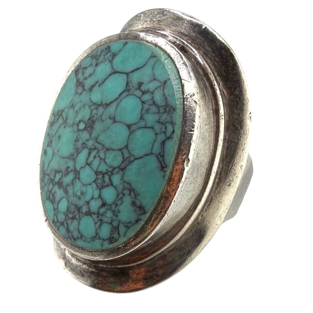 Sterling Silver Spiderweb Turquoise Oval Cabochon Ring 7